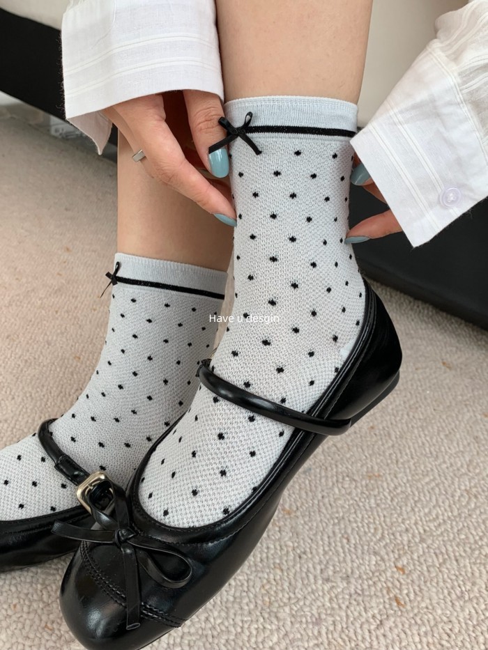 Have u desgin Xám Chấm Bi Bê Tất Nữ Mùa Hè Mỏng Phong Cách Thoáng Khí Cọc Tất Agaric Edge Lưới Rỗng Thoáng Khí Tất Cotton Thoáng Khí