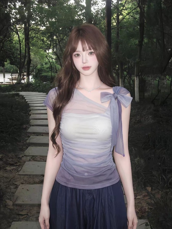 Korean Style Off-shoulder Mesh T-shirt Purple Good-looking Slim Short-sleeved Bow Waist Top