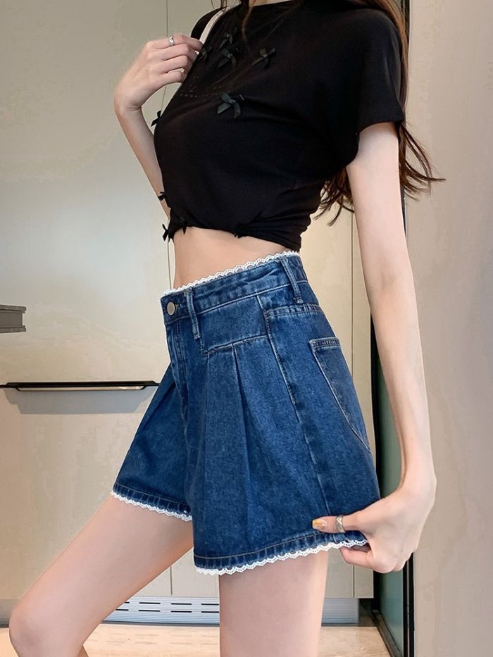 quần short denim màu xanh nữ mùa hè quần ren mới mỏng lưng cao ống rộng quần hot cho các cô nàng
