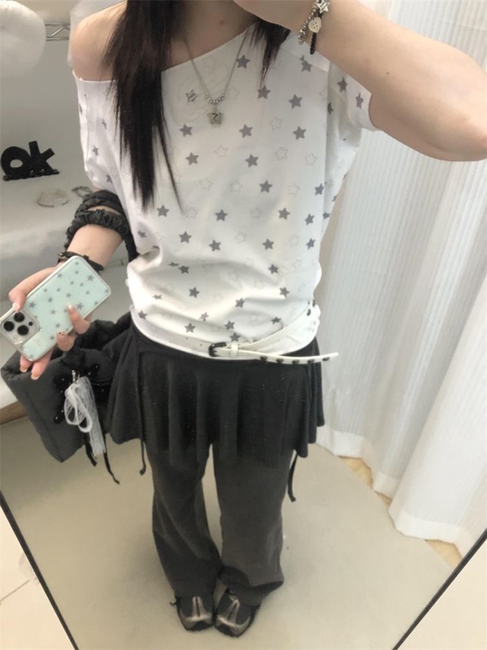 Phong cách Hàn Quốc đôi cánh thêu ngôi sao in hình xiên vai ngắn tay cho nữ cotton nguyên chấ