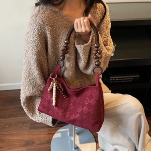Ethnic Style Beaded Handbag New Retro Casual Versatile Bucket Bag Womens Design Suede Underarm B