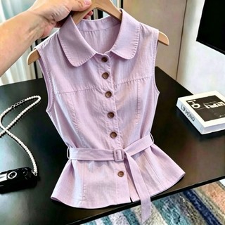 Original Design Sleeveless Vest Women's Waist Tie-Up Shirt Temperament Solid Color Thin Top