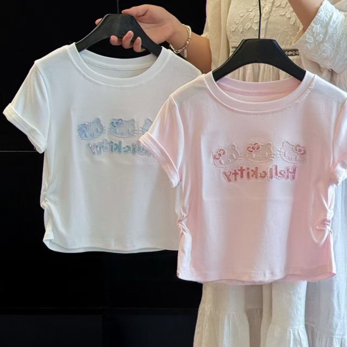 Bé Gái Thêu KT Áo Thun Nữ Tay Ngắn 26 Mùa Hè Mới Trẻ Em Hello Kitty Đính Hạt Cườm Eo Ngọt Top Dễ
