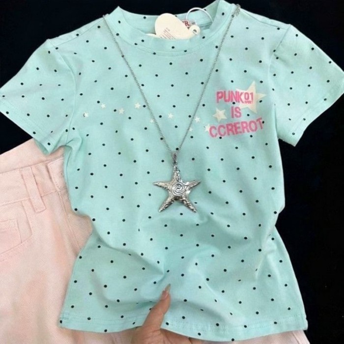Dopamine Sweet Hot Girl Polka Dot Star Letters Short-sleeved T-shirt Women's Summer High-end Sli