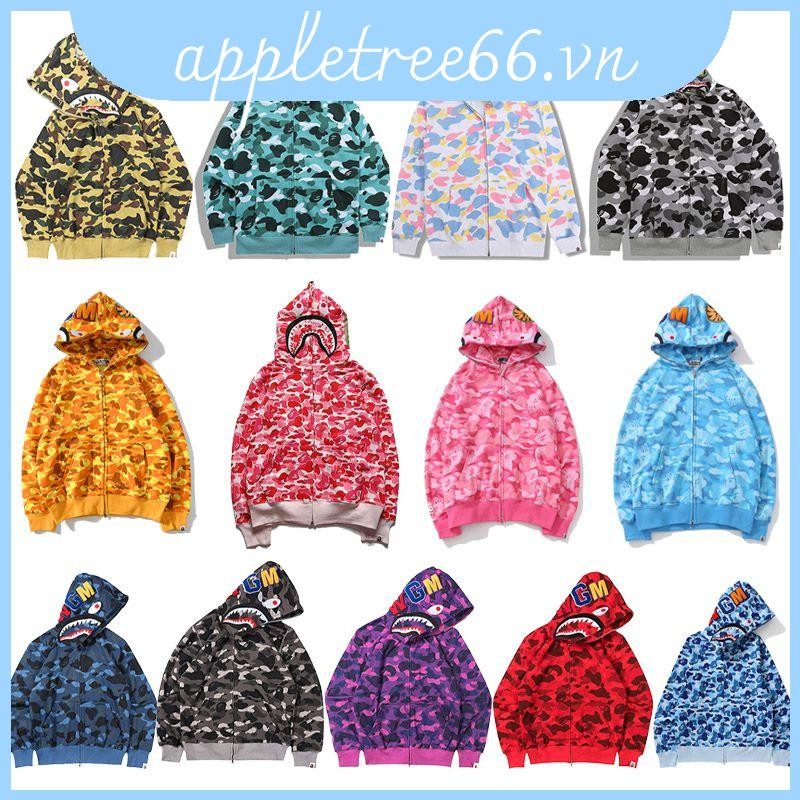 Áo Hoodie in hình cá mập Bape thời trang có mũ trùm đầu dây rút và túi phía trước