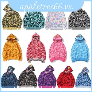 Áo Hoodie in hình cá mập Bape thời trang có mũ trùm đầu dây rút và túi phía trước