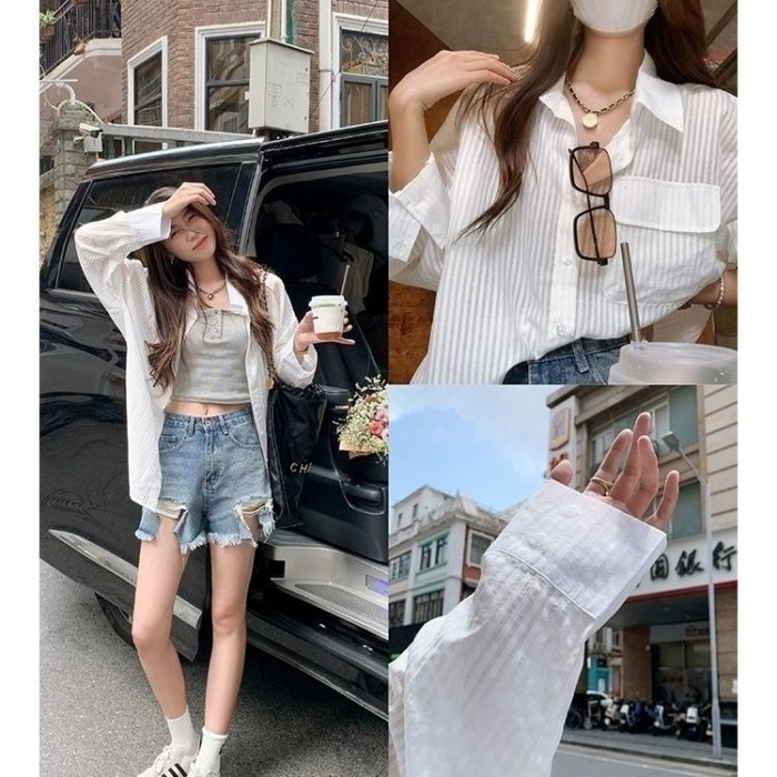 Trắng Chống Nắng Áo Sơ Mi Sọc Mùa Hè Mới Lười Áo Khoác Mỏng Dài Tay Áo Cardigan Top