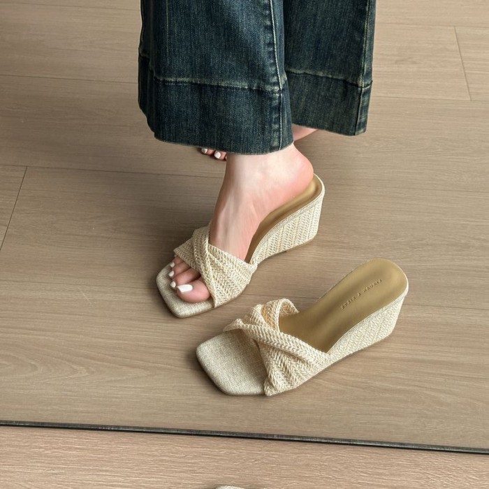 Rừng mục vụ phong cách nông miệng vuông mũi giày cho nữ mùa hè vải lanh rơm đáy phẳng thoáng