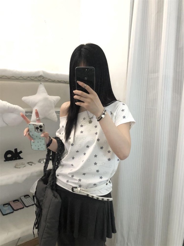 Phong cách Hàn Quốc đôi cánh thêu ngôi sao in hình xiên vai ngắn tay cho nữ cotton nguyên chấ