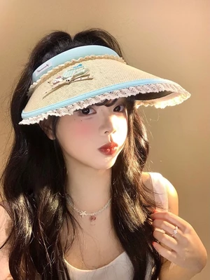 Cute Bow Button Empty Top Sun Hat For Women Summer Large Brim Sunshade Straw Hat Anti-UV Sun Hat
