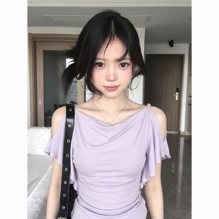 Hot Girls Swing Collar Ruffled Off-the-Shoulder Women's Summer New Pure Desire Niche Irregular P