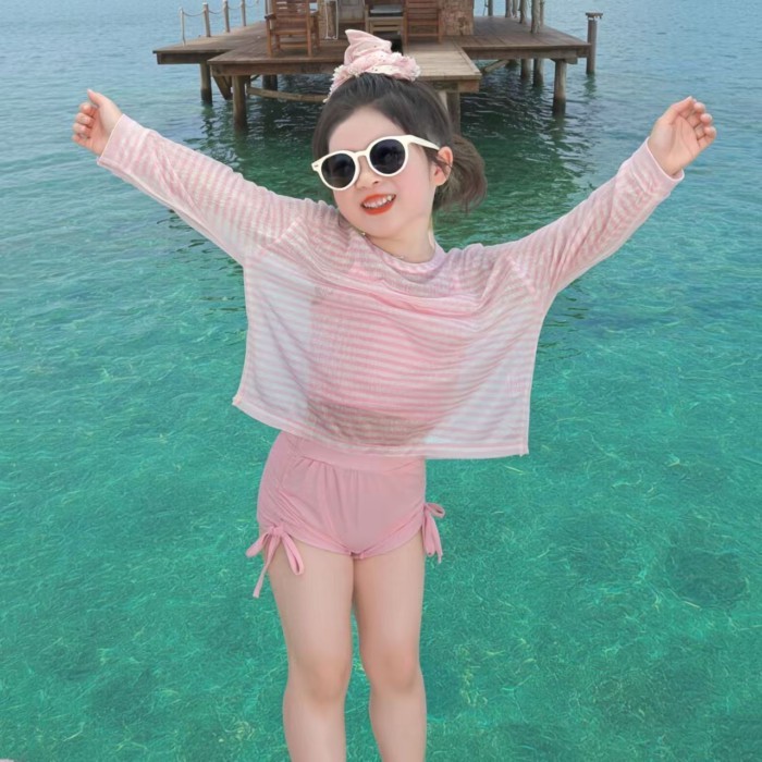 Girls Swimwear Summer New Style Children's Seaside Hot Spring Long-sleeved Blouse Three-piece Se