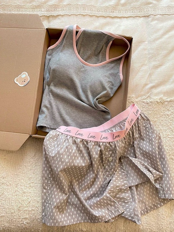 Sweet And Cute Contrasting Color Pajamas For Women, Vest Shorts, Casual Home Shorts Set That