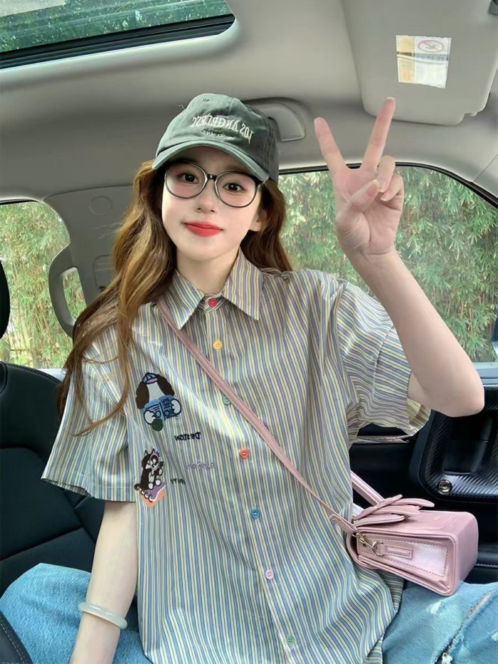 American Striped Short-sleeved Shirt For Women New Summer Lazy College Style Loose Embroidere