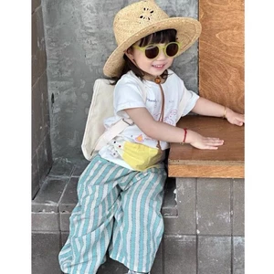 Quần ống rộng sọc màu bạc hà cho bé trai và bé gái, ống rộng dáng rộng đa năng, quần lười chống