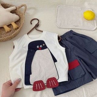 Trẻ Em Bộ Đồ Mùa Hè Nam Có Túi Quần Short Hoạt Hình Ba Chiều Áo Vest Hai Bộ Nữ Mỏng phong Cách