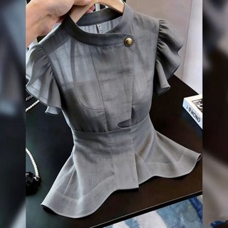 French Design Button Ruffle Top For Women Gray High Waist Temperament Commuter Style Fashiona