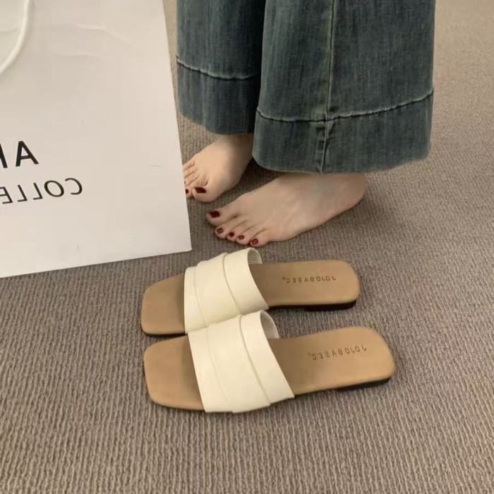 Korean Style Pleated Soft Leather Slippers For Women To Wear Summer Soft Flat Bottom Seaside Vac