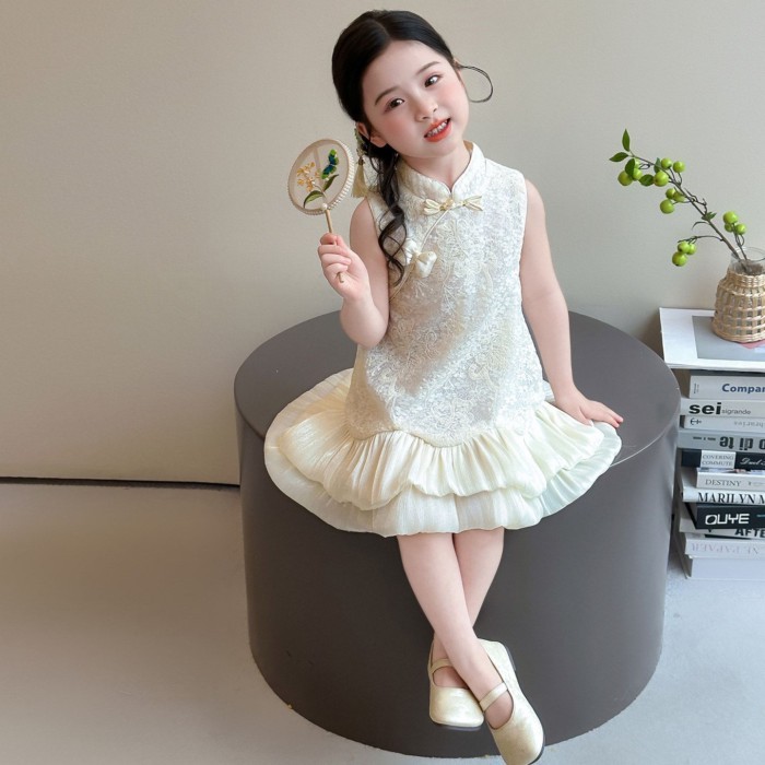 Girls' Cheongsam Skirt Summer Baby Girl Lace Sleeveless Button National Style Dress Children'