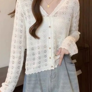 mùa xuân hè giả băng lụa dệt kim áo khoác nữ Cổ Chữ V mỏng rỗng áo ren ngọt ngào điều hòa áo sơ