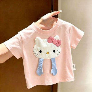 Áo cotton ngắn tay mùa hè bé gái ba chiều mèo ba chiều ngọt ngào và sành điệu Áo thun ngắn tay cho