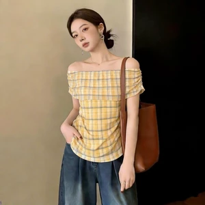 Áo sơ mi kẻ sọc một vai retro phong cách Hàn Quốc dành cho nữ kiểu dáng nhẹ nhàng, thon gọn,