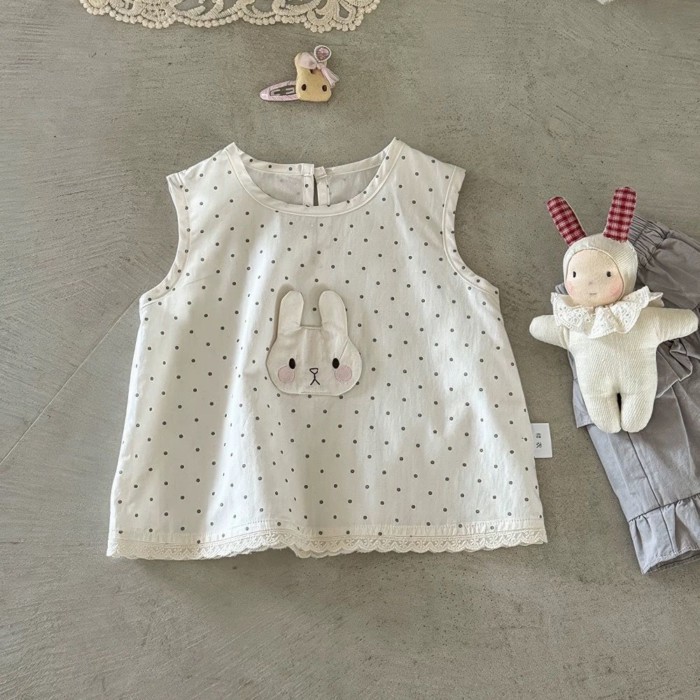New Summer Sleeveless Top For Baby Girls, Bunny Polka Dot Korean Sweet Shirt, Children's Cott