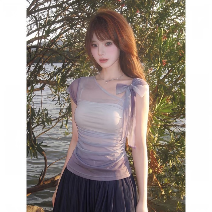 Korean Style Off-shoulder Mesh T-shirt Purple Good-looking Slim Short-sleeved Bow Waist Top