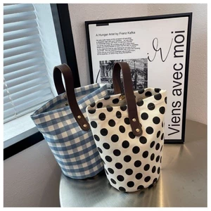 Simple French Retro Handbags, Work Bag, Polka Dot Lunch Box, Canvas Bag, Bento Handbag, Versatil