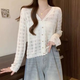 mùa xuân hè giả băng lụa dệt kim áo khoác nữ Cổ Chữ V mỏng rỗng áo ren ngọt ngào điều hòa áo sơ