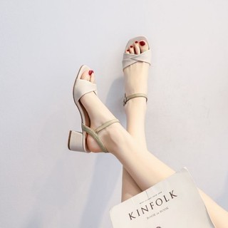 Summer New Style French Sandals, Fairy Style One-line Straps, Medium Heel, Thick Heel With Sk
