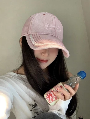 Lace Edge Pink Baseball Cap For Women, Korean Version, Versatile, Large Head, Peaked Cap, Wide B