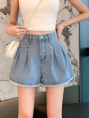 quần short denim màu xanh nữ mùa hè quần ren mới mỏng lưng cao ống rộng quần hot cho các cô nàng