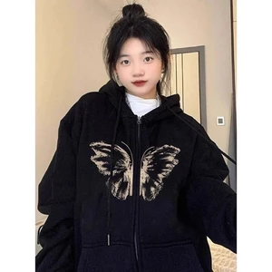 Mùa Hè Phố Mỹ In Hình Bướm Dây Kéo Có Mũ Áo Nữ Đa Năng Thiết Kế Rời Áo Khoác Cardigan