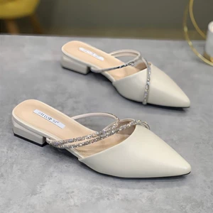 Summer New Style Pointed Toe Versatile Rhinestone Low Heel Fairy Style Half Drag Two-Wear Sandal