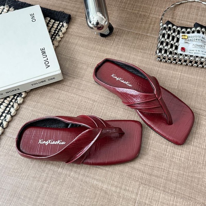 Dép xỏ ngón mũi vuông đế phẳng phong cách cổ điển dành cho nữ mặc ngoài mùa hè, dép sandal kiểu Phá