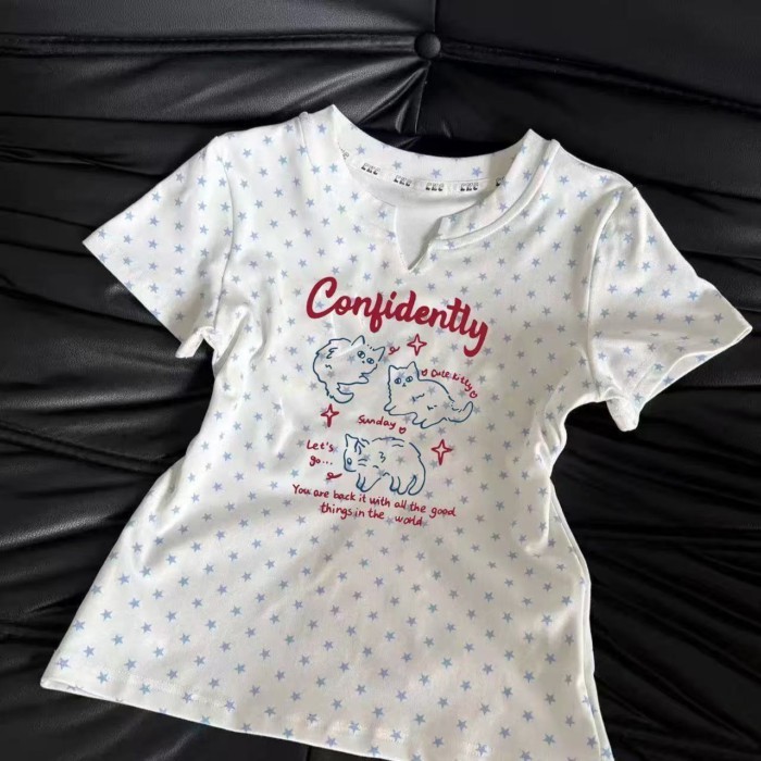 Áo thun cotton co giãn in hình hoạt hình Elf dành cho nữ Thiết kế in hình ngôi sao đa năng Áo