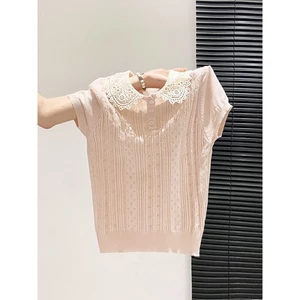 Sweet Lace Lapel Short-sleeved Sweater For Women With Niche Design And Gentle Style Slimming