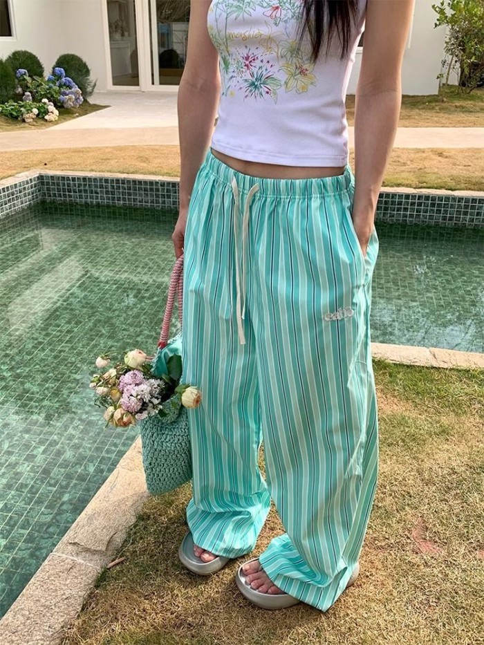Quần ống rộng dây rút sọc đơn giản của Mỹ dành cho nam và nữ, quần ống rộng đa năng, giảm béo