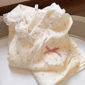 Bộ đồ ngủ cotton nguyên chất cho nữ mùa xuân thu, đám mây bông hoa nhỏ thanh lịch dành cho tr