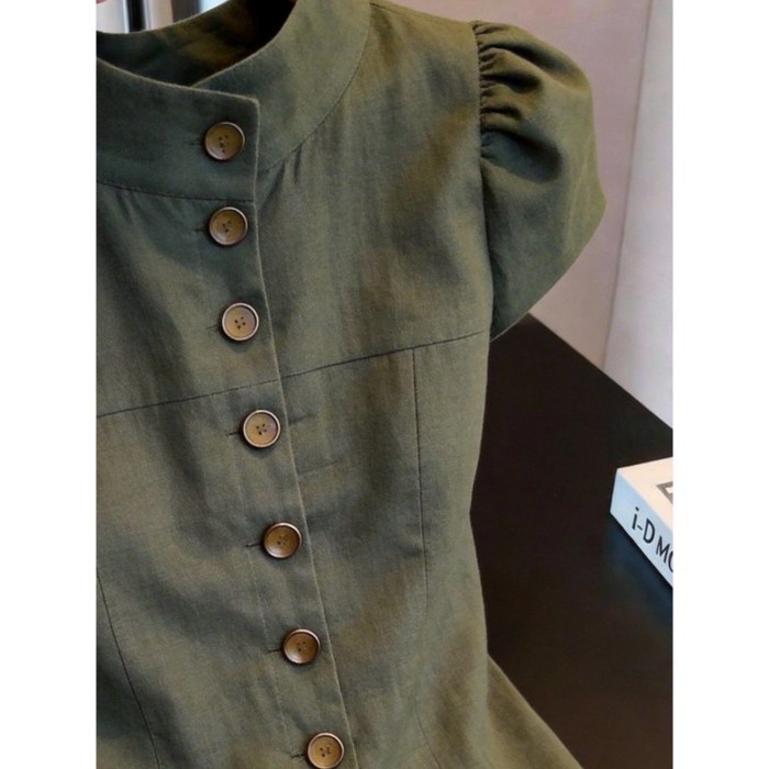 French Puff Sleeve Military Green Button Top For Women, Slim And High-end Design, Super Nice