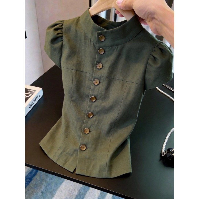 French Puff Sleeve Military Green Button Top For Women, Slim And High-end Design, Super Nice