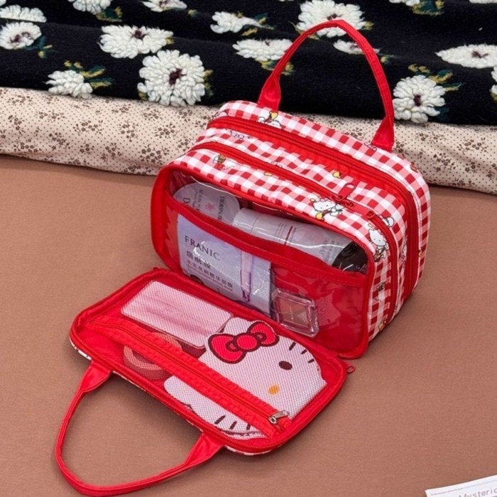 kitty Student Cosmetic Bag Portable Three-layer Large-capacity Partitioned Storage Travel Toil