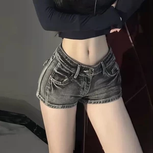 Quần short denim lưng thấp màu đen xám phong cách retro Mỹ dành cho nữ, quần thiết kế co giãn gi