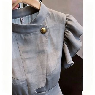 French Design Button Ruffle Top For Women Gray High Waist Temperament Commuter Style Fashiona