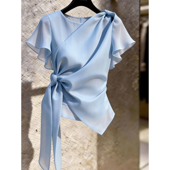 French Design Niche Blue Lotus Leaf Sleeve Top With Temperament Straps To Slim The Waist And
