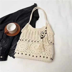 Forest Style Literary Handmade Cotton Thread Weaving Women's Seaside Vacation One-Shoulder Under