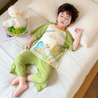 Bộ đồ ngủ mùa hè ngắn tay khủng long mỏng dành cho trẻ em băng lụa dễ thương và thoải mái ở nhà