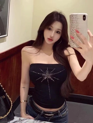 Hot Girls Mỹ Retro Ống Top Nữ Đính Kim Cương Mùa Hè Áo Khoác Ngoài Đáy Áo Sơ Mi Đen Ngắn Top