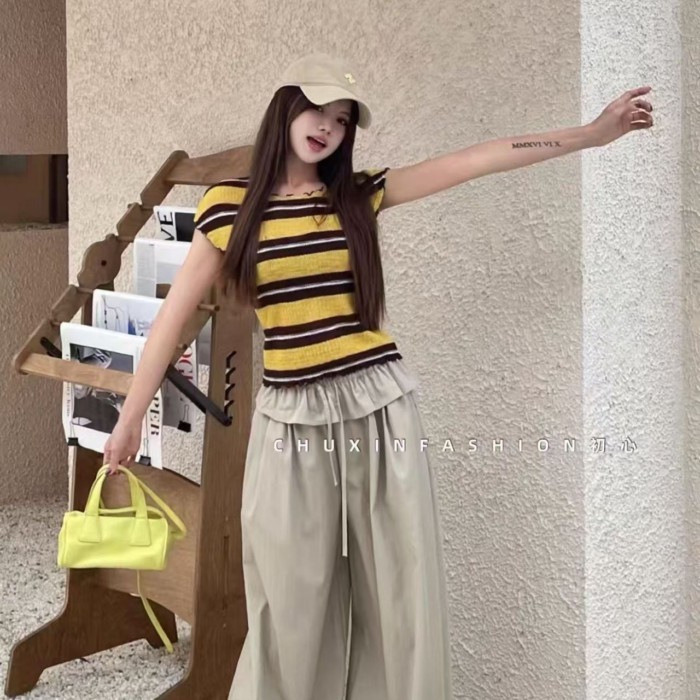 Korean Chic Striped Contrasting Waistcoat T-shirt For Women Summer New Style Slimming And Chi